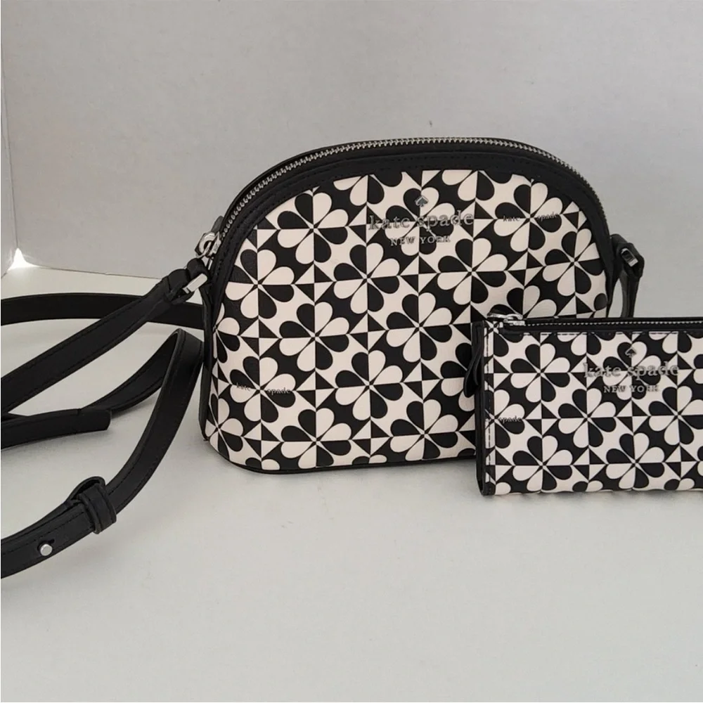 Kate Spade Black and White Hollie Spade Clover Crossbody With Matching Wallet